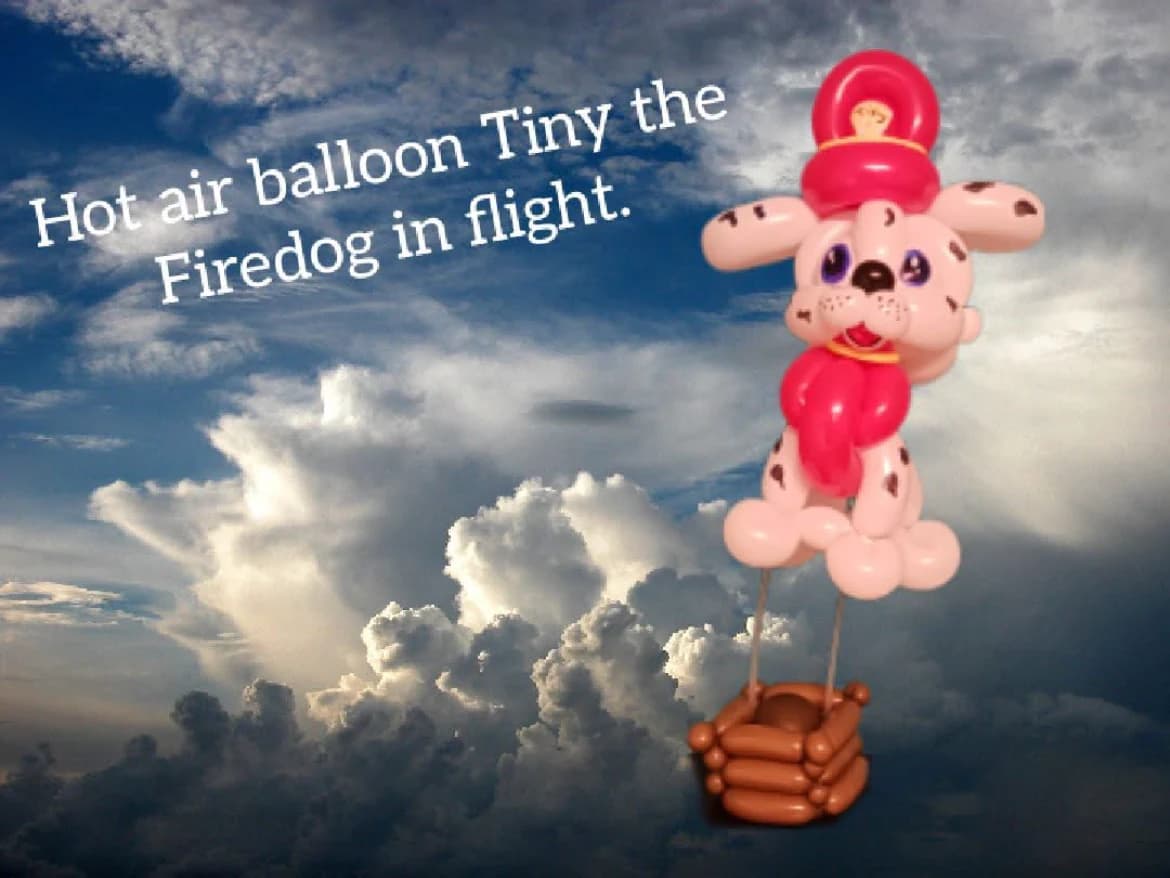 Firefighter dog balloon riding in a hot-air balloon basket